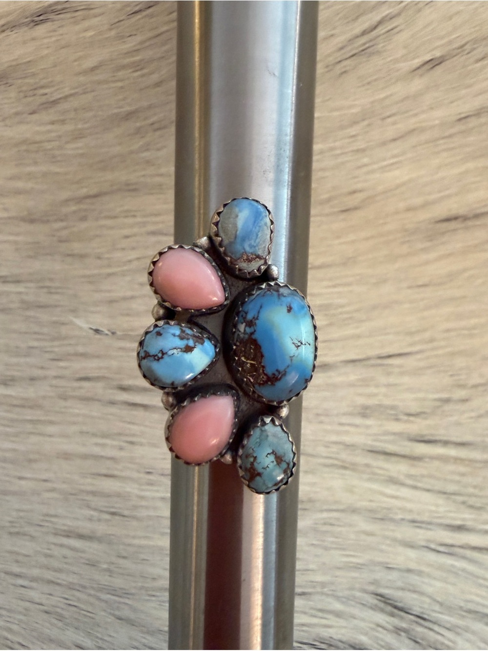 ❤️ Pink Conch & Golden Hills Turquoise Half Cluster Adj Sterling Statement Ring - Picture 8 of 13